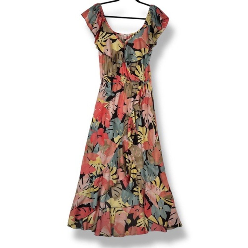Womens Floral Maxi Dress Size Large Ruffle Tropical Resort Festival Boho Flutter